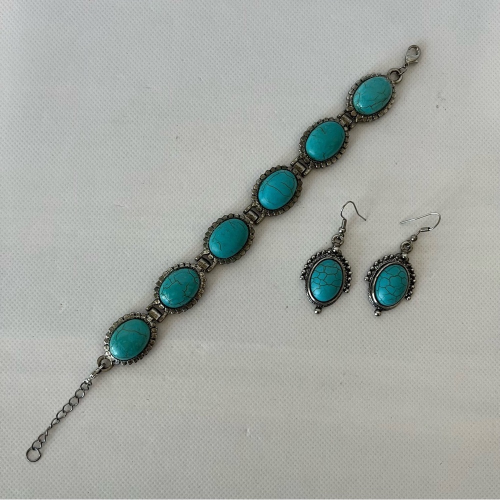 Vintage Stauer Silver & Turquoise Bracelet & Earrings Set